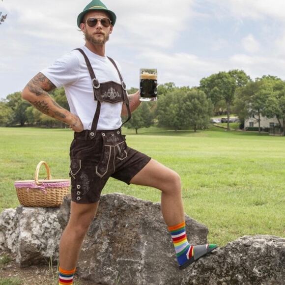 NEW! Chubbies Lederhosen 3.0 Sheep Leather Embroidered Brown Oktoberfest Beer- L - Picture 1 of 11